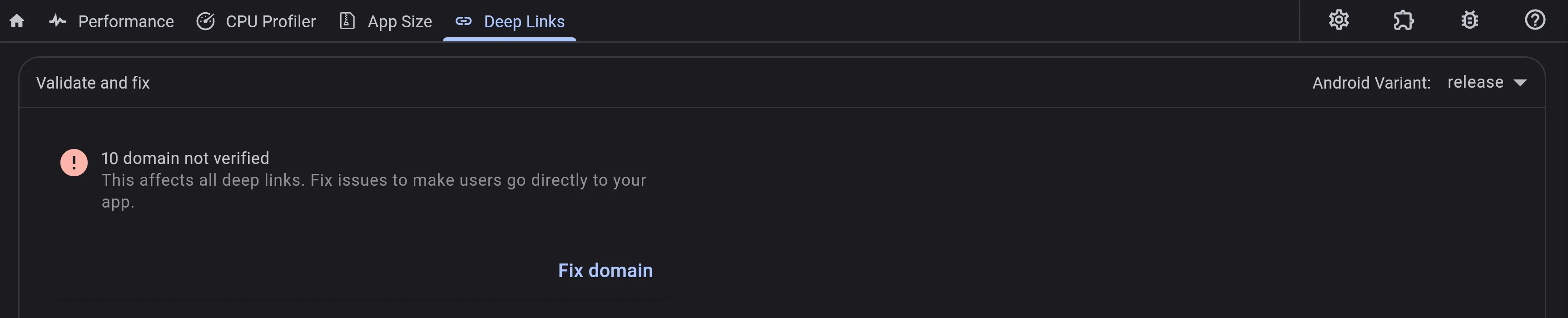 The Deep Link Validator after importing a project: a "10 domain not verified" warning card with a Fix domain button — the assetlinks.json spelunking session you didn't have to run.