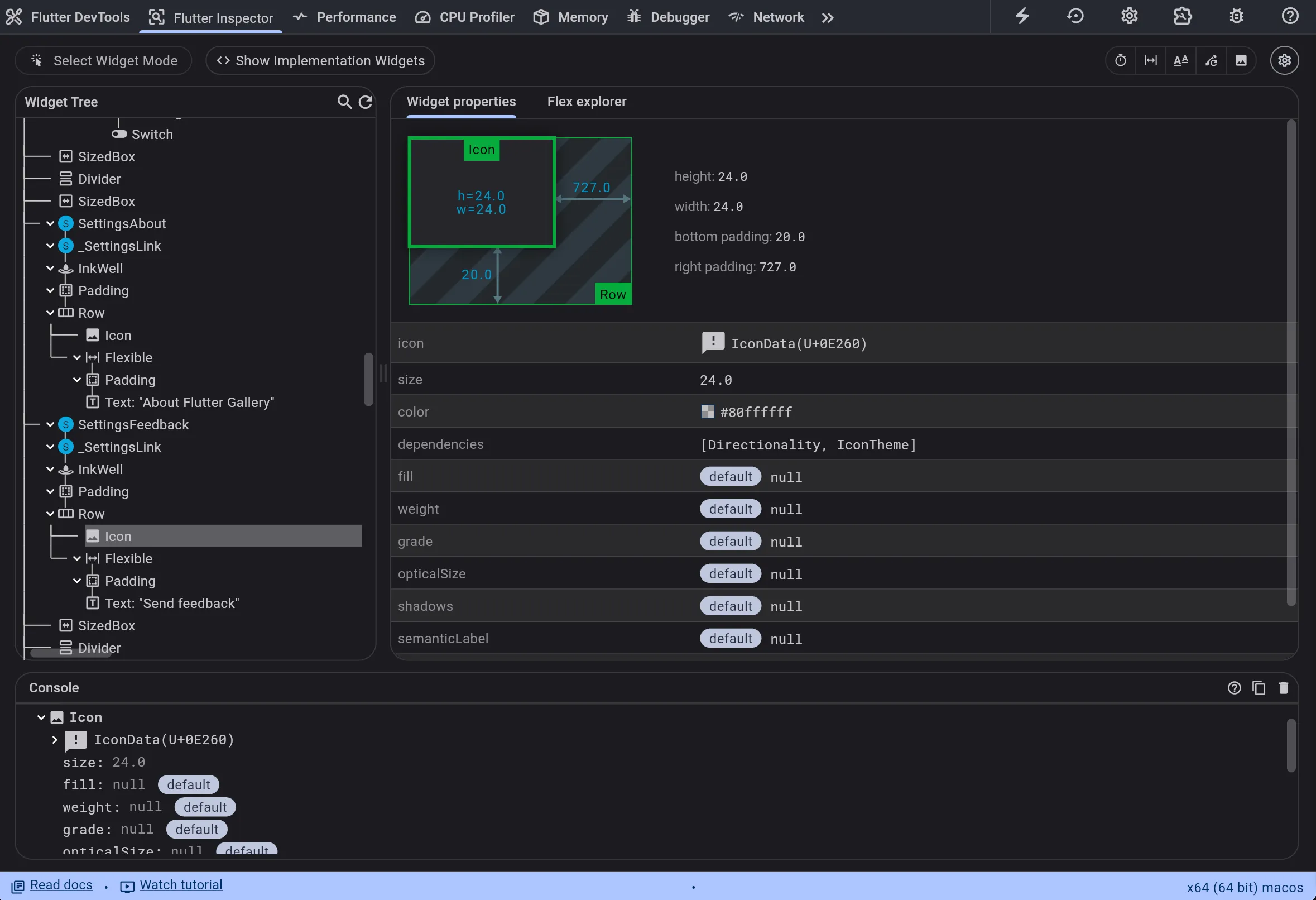 The Flutter Inspector after selecting a widget on the device: the widget tree on the left, and on the right the selected Icon's real layout — h=24, w=24, the Row it sits in, and the 727px of padding you were about to go hunting for in code.
