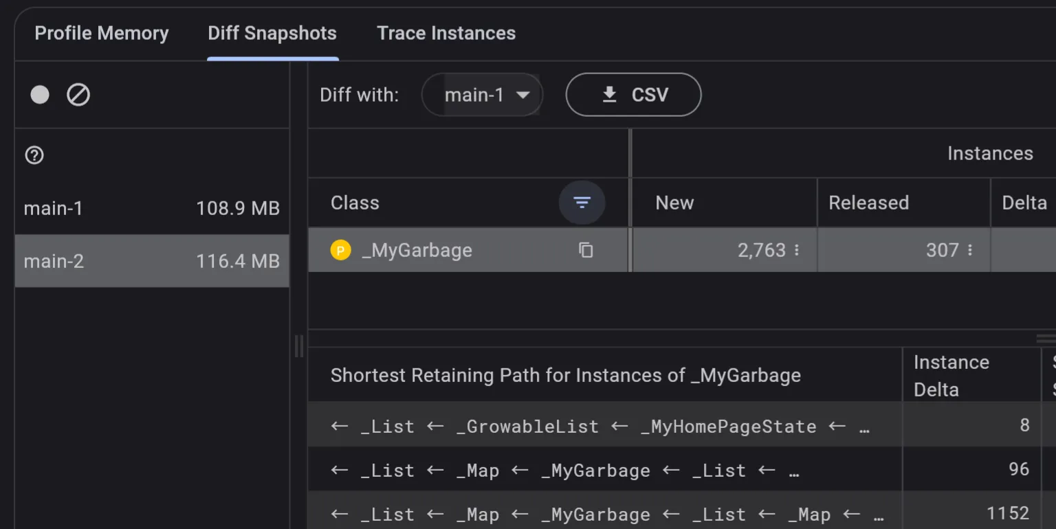 The Memory view's Diff Snapshots tab: two snapshots compared, the instance delta per class, and the shortest retaining path for the leaked instances below.