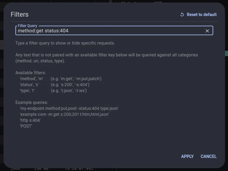 The Network view filter dialog documents its own query language: method, status and type keys, negation included — 'method:get status:404', or '-s:200' for everything that failed.