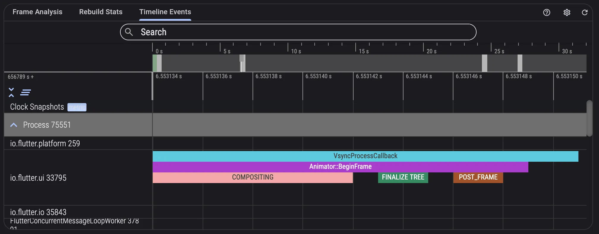 Timeline Events: a per-thread trace of where frame time actually went — vsync callback, frame build, compositing, tree finalization — the answer to "what consumed the 27ms".